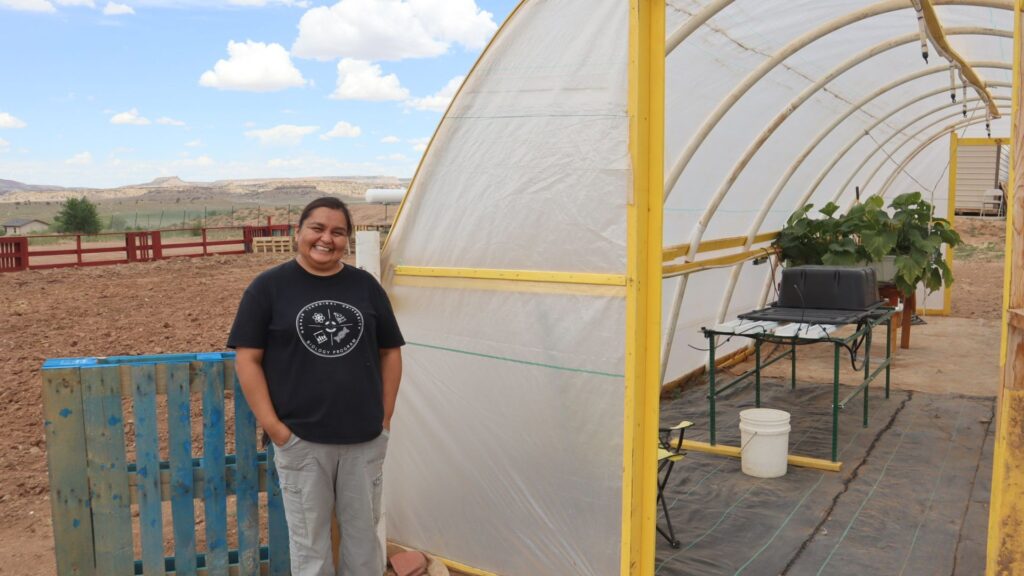 Person stands next to a greenhouse structure in a rural, arid landscape with a blue sky and scattered clouds overhead.