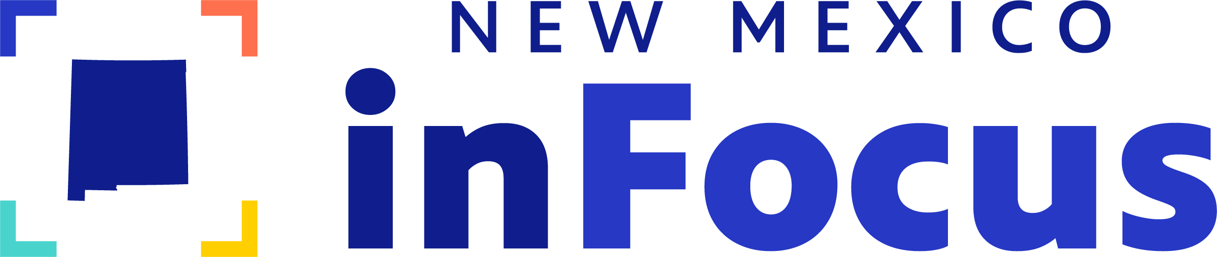 Logo for “New Mexico in Focus” with a blue silhouette of New Mexico surrounded by four colored corner lines, and bold blue text to the right.
