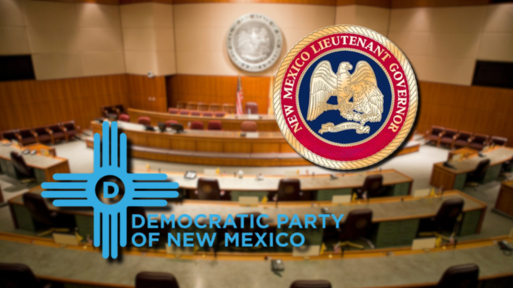 New Mexico legislative chamber with the state lieutenant governor seal and Democratic Party of New Mexico logo superimposed.