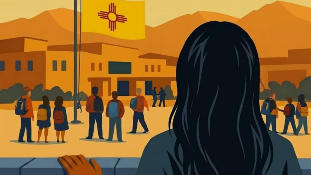 A person with long dark hair observes students with backpacks outside a school building, with a New Mexico flag and mountains in the background.