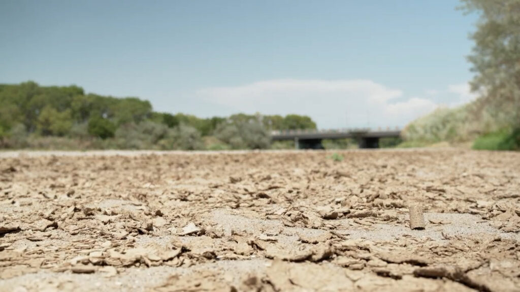 Dry, cracked ground under a clear sky with distant green trees and a bridge in the background.
