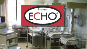 Project ECHO logo overlaid on a photo of a hospital neonatal unit with several empty infant incubators and medical equipment.