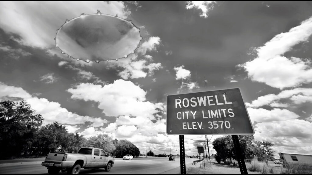 A road sign reads "Roswell City Limits, Elev. 3570." Nearby, a pickup truck drives while a large, saucer-shaped object floats in the sky.