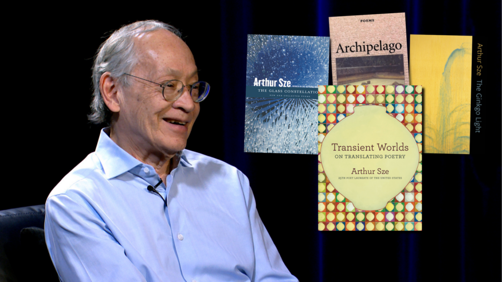 A man sits smiling in an interview setting, with five book covers including titles by Arthur Sze displayed beside him against a dark background.