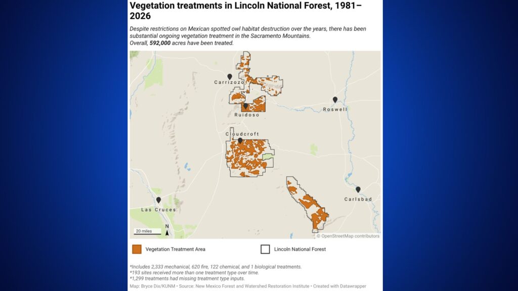Map showing brown-shaded vegetation treatment areas in Lincoln National Forest, New Mexico, from 1981 to 2026, with major towns and roads labeled.