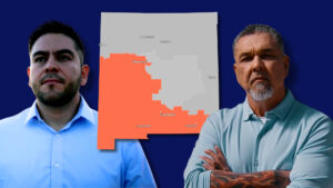 Two men stand on either side of a map of New Mexico, which features a highlighted orange region covering parts of the state.