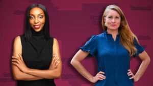 Two women standing in front of a maroon map of New Mexico labeled with city names.