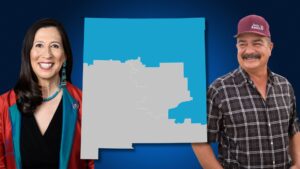Teresa Leger Fernandez and Gabe Vasquez on either side of a map of New Mexico highlighting specific districts.