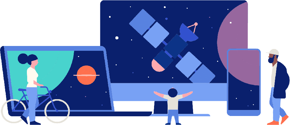 device-illustration Illustration of three people standing in front of giant computer devices.