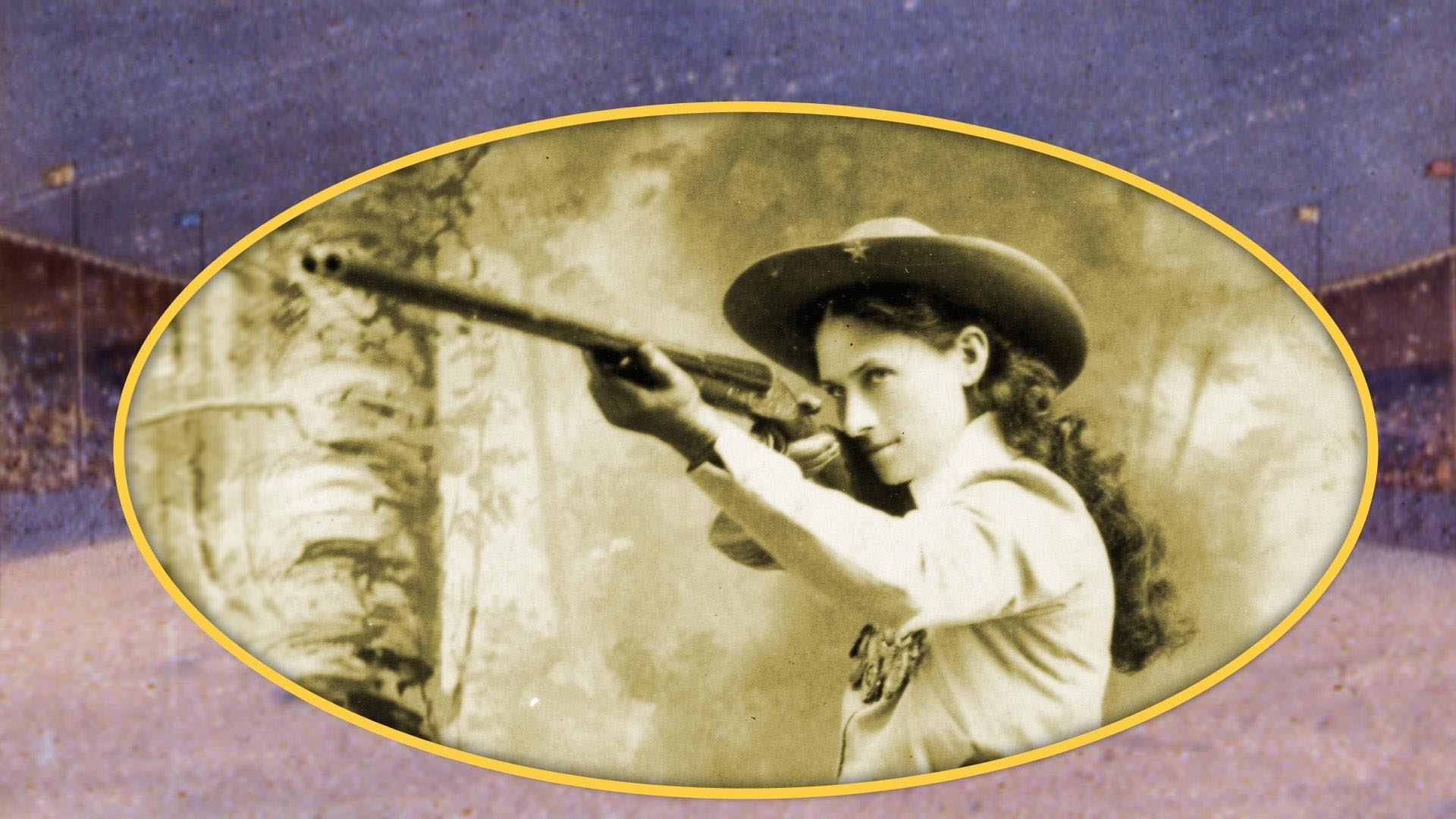 Annie Oakley shooting a rifle.
