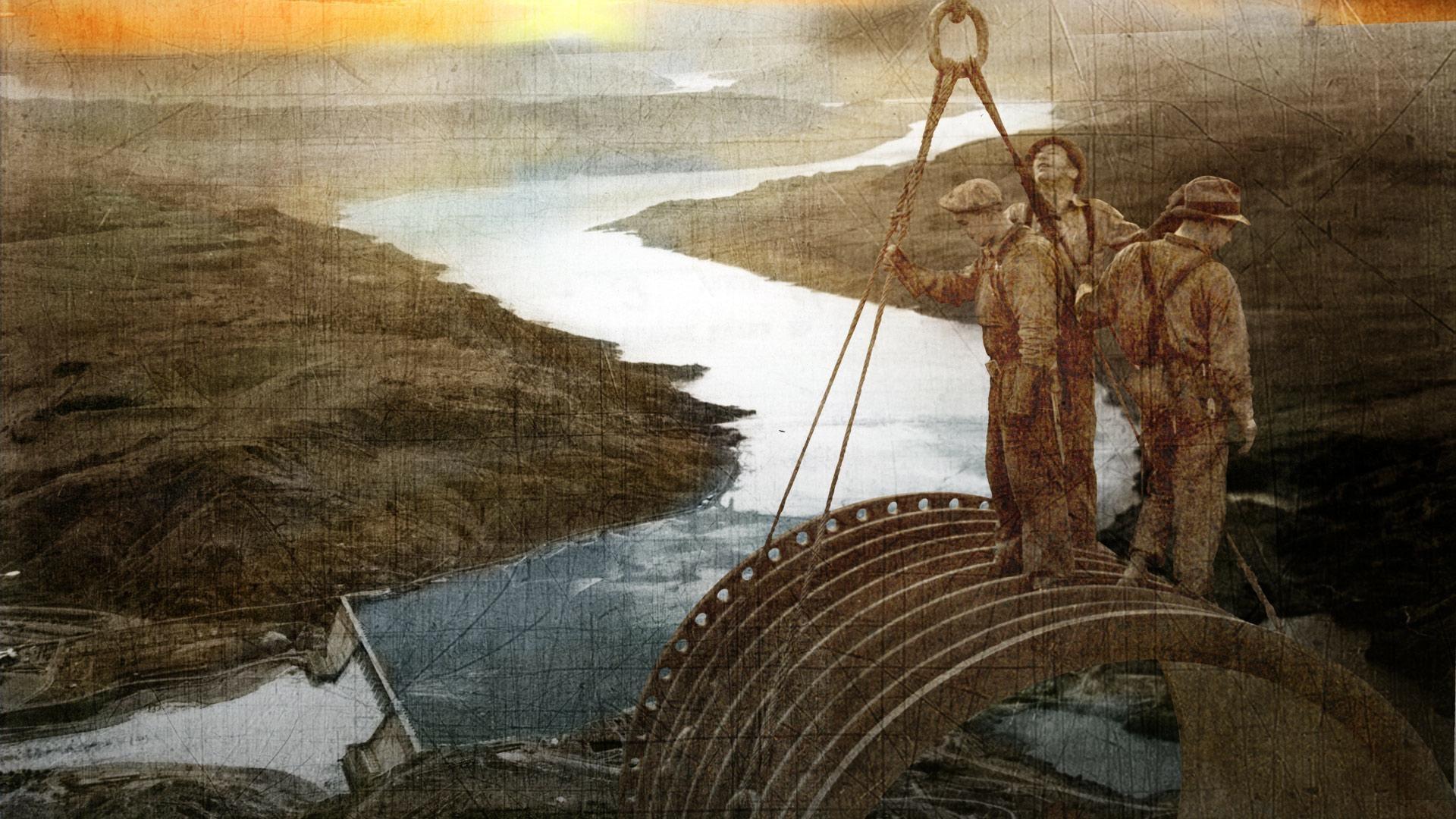 grand coulee dam Three people stand on top of a suspended structure above a body of water.