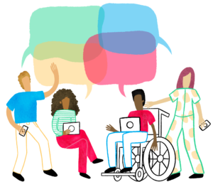 intro_students_illustration Illustration of four people talking to each other.