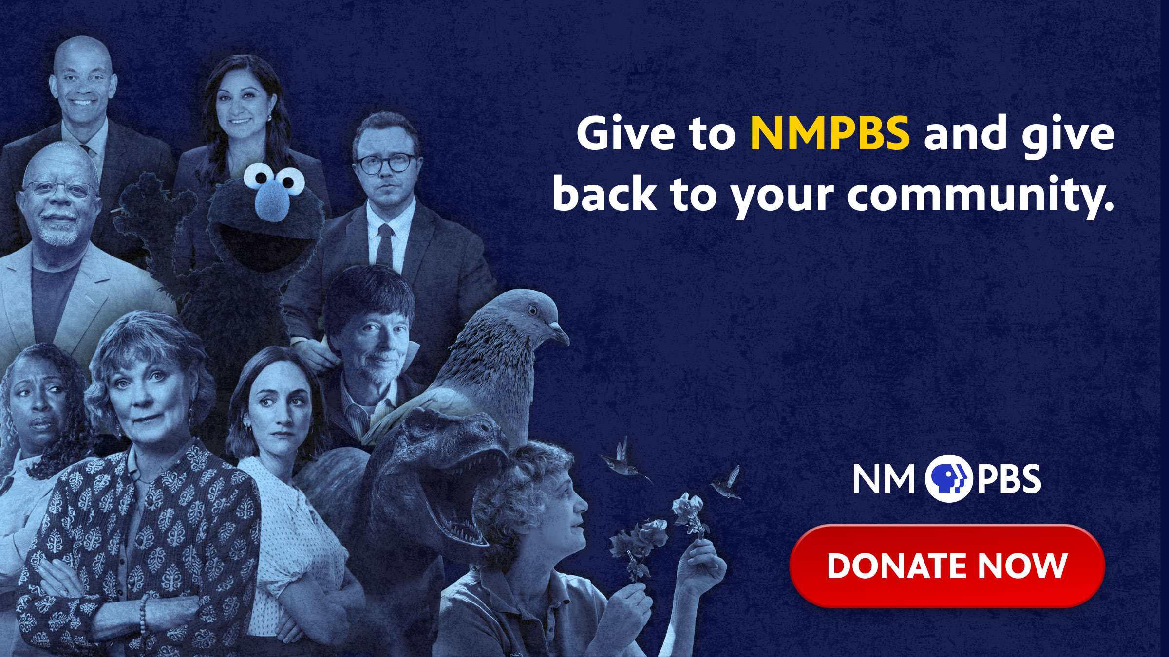 A group of diverse people, including a muppet, bird, and woman with a flower, appear next to the text “Give to NMPBS and give back to your community.” with a red “Donate Now” button.